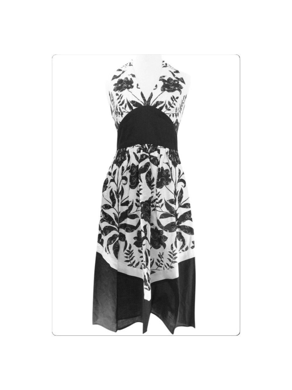 Maggy London Floral Eyelet deep v-neck black white cotton Halter Dress Size 4